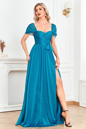 Blue A Line Ruched Formal Dress with Slit